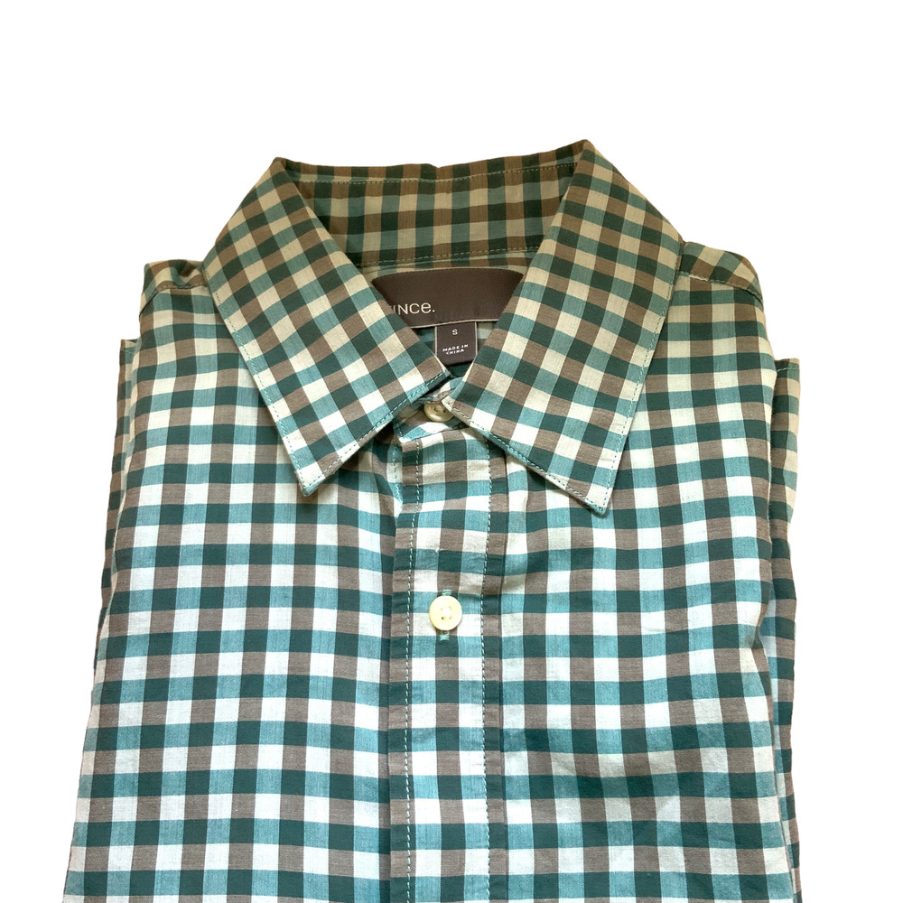 Vince White Green Gray Checked Long Sleeved Casual Button Down Shirt sz S EUC